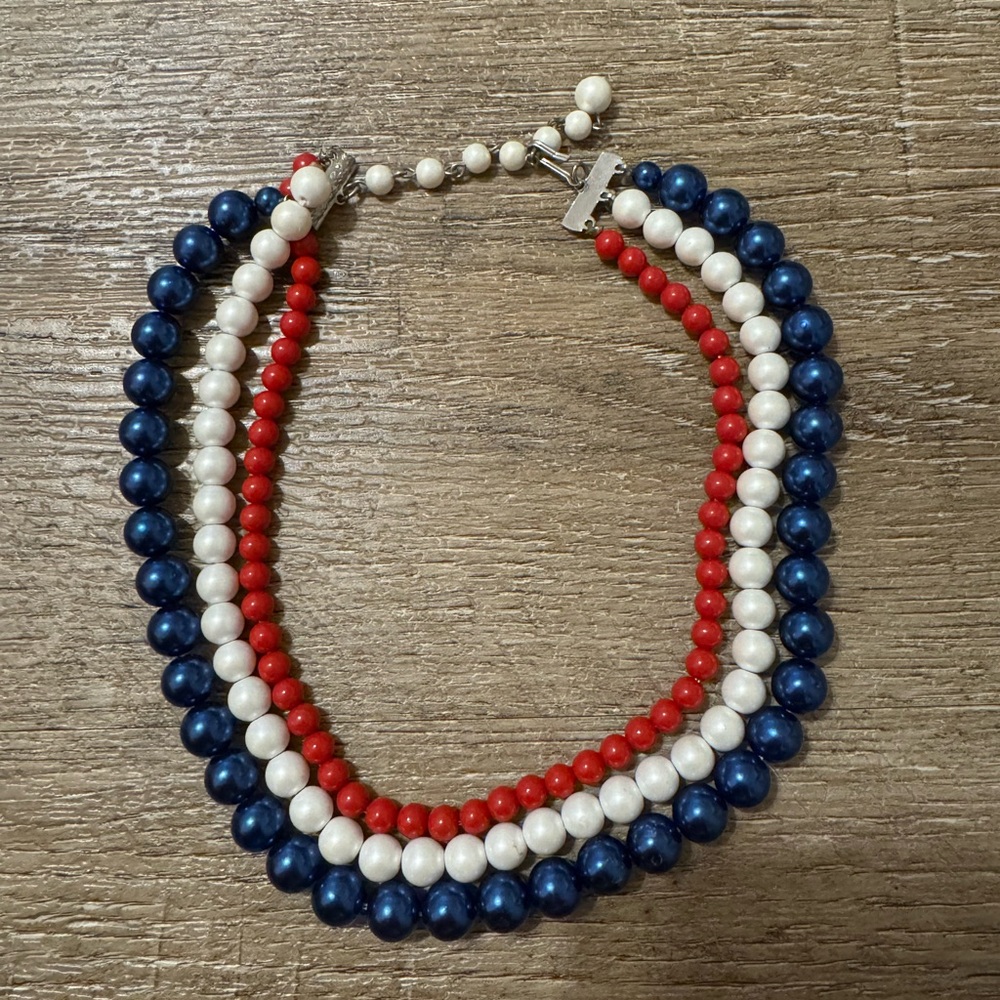 Triple-Strand Red, White & Navy Beaded Necklace